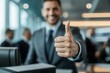 © Lumina Frame - Hands showing thumbs up with business men endorsing, giving approval or saying thank you as a team in the office. Closeup of corporate professionals hand gesturing in the positive or, Generative AI
