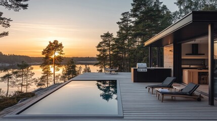 Wall Mural - Sunset view from modern lake house with infinity pool and deck.