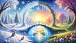© Craft - A captivating horizontal fantasy painting depicting the serene transition between winter and spring with a magical bridge symbolizing seasonal change