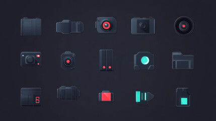 Video and photo camera viewfinder display signs. Focus, grid, zoom, shutter, preview, record frame vector symbols of shooting menu. Cam screen settings of exposure, aperture, battery, flash buttons