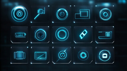 Video and photo camera viewfinder display signs. Focus, grid, zoom, shutter, preview, record frame vector symbols of shooting menu. Cam screen settings of exposure, aperture, battery, flash buttons