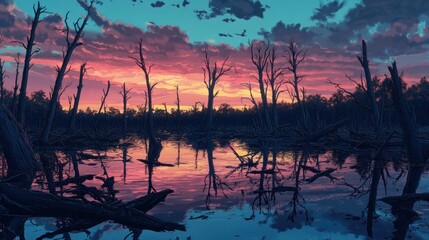 Poster - Surreal sunset over a swamp with dead trees reflecting in still water.