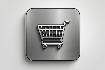 a gray shopping cart icon on a metal button