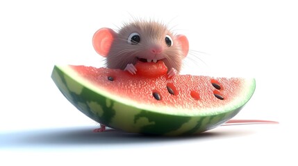 Adorable Little Hamster Enjoying a Watermelon Slice in Watercolor Style