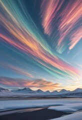 Wall Mural - Stunning sunset over snowcapped mountains. Rainbow-hued clouds dominate the sky, creating a breathtaking arctic landscape. Icy waters reflect the vibrant colors.