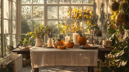 Canvas Print - Autumnal harvest scene in sunlit conservatory.