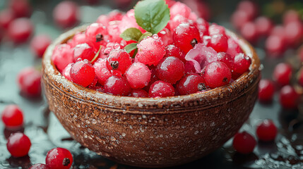 Bowl filled with red berries and a leaf on top. The bowl is made of brown material and the berries are fresh and juicy. The leaf on top adds a touch of greenery to the scene