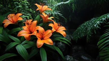 Wall Mural - Lush orange lilies bloom in a vibrant tropical garden.