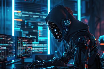 AI robot hacking cyber security in digital metaverse.
