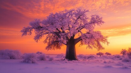 Poster - Frosty tree at vibrant sunset.