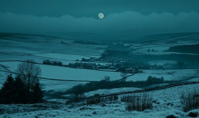 Wall Mural - Full moon over snow-covered valley at night.