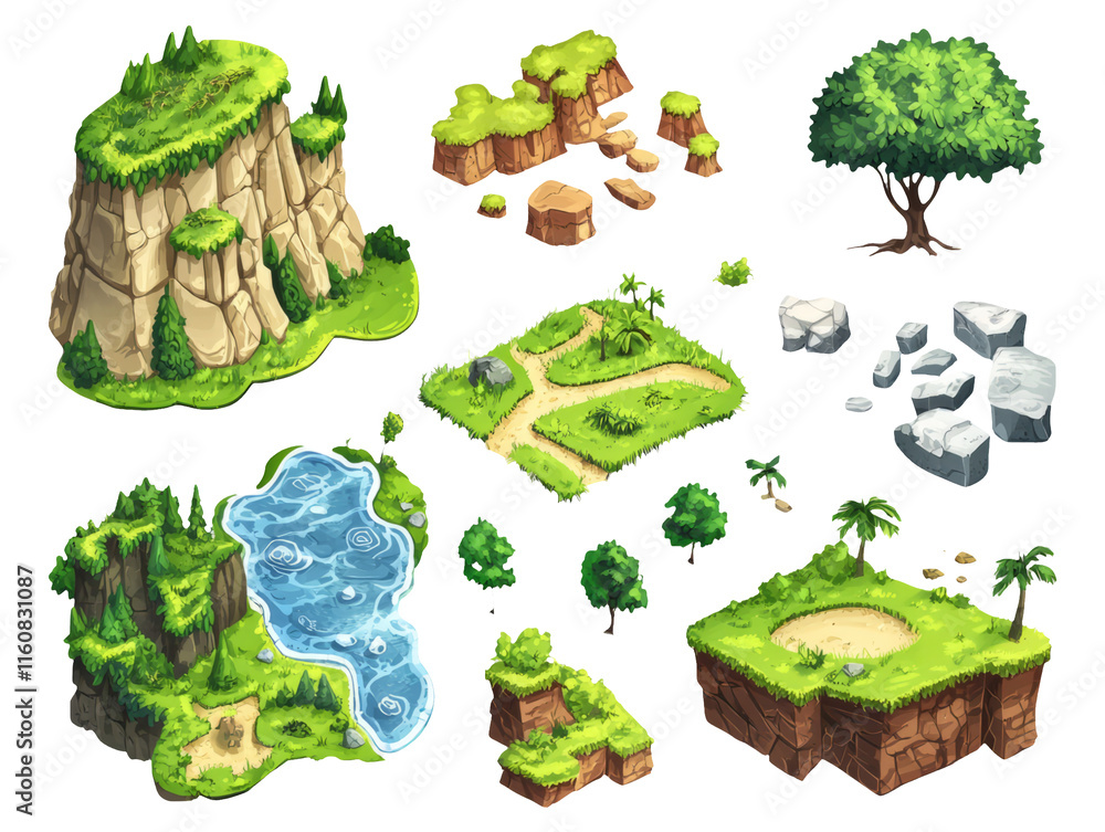 Colorful 2D Cartoon Game Map Interface Elements on Transparent ...
