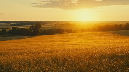 Wall Mural - Golden sunset over a vast, rippling wheat field.