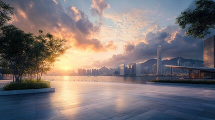 Wall Mural - Vibrant sunset over cityscape with empty plaza.