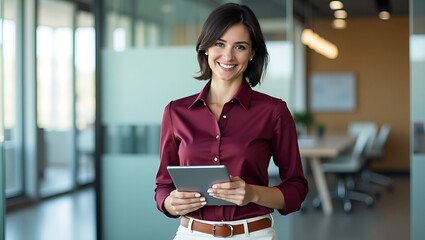 Portrait of young Hispanic professional business woman standing in office. Happy female company executive, smiling businesswoman entrepreneur corporate leader manager looking at camera using tablet