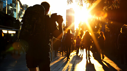 Wall Mural - Urban Photographer Silhouetted at Sunset, Captures City's Golden Hour Vibrancy