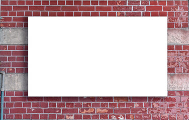 Wall Mural - Empty white rectangular billboard advertising panel mockup fixed on a red brick wall background for your advertisement