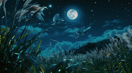 Poster - Night scene with birds flying over moonlit grass.