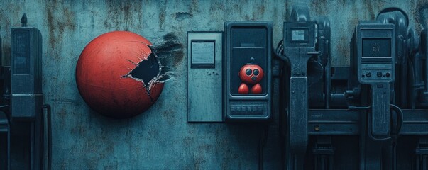 Poster - A cracked red sphere and a retro phone booth with a small toy inside against a textured wall.