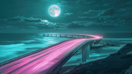 Poster - Night scene of a coastal highway bridge with light trails under a full moon.