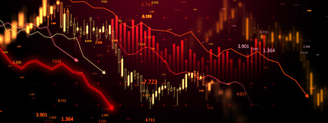Fototapete - Financial market chart showing downward trends with red candlesticks and graphs on a dark background. Concept of stock market crisis. 3D Rendering