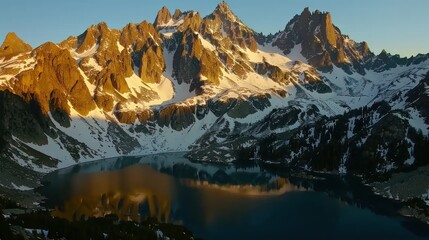 Canvas Print - Majestic mountain range reflecting in serene alpine lake at sunrise.