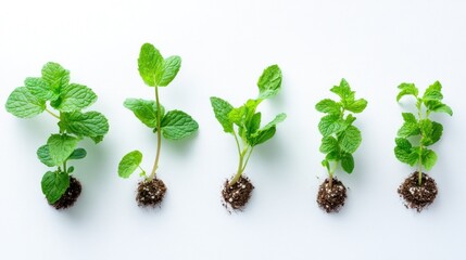 Wall Mural - Five mint plants in different growth stages.