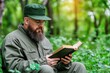 © pisan - Uncover ancient tales with this image of a bearded man, possibly a leprechaun, immersed in an old Irish book of folklore, traditions, and rich heritage Explore the magical mystery of the forest, find