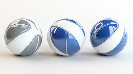 Outline and cartoon leather volleyball balls in blue, white and gray colors isolated on white background for sporting design