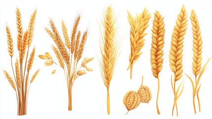 Wheat, rye or oat and barley realistic spike and grains. Cereal ears. Isolated vector bread and bakery yellow wheat stalks of grain for food and agriculture, organic farm crop harvest