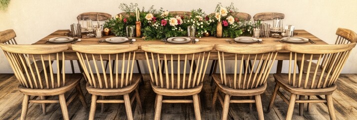 Poster - A beautifully arranged wooden dining table with floral centerpiece for gatherings.