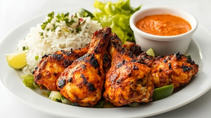 Wall Mural - Grilled Chicken Drumsticks with Rice and Spicy Sauce on Plate