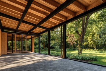 Wall Mural - Spacious interior with wooden beams and large windows overlooking a lush garden.