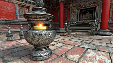 Poster - A serene temple interior with an ornate lamp and offerings on the floor.