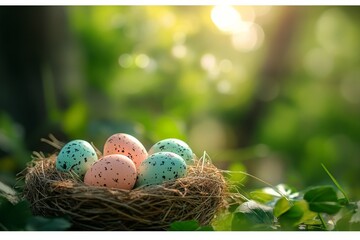 Colorful decorated eggs resting in a nest surrounded by lush greenery in a serene outdoor setting