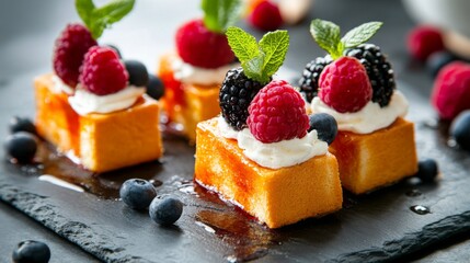 Wall Mural - Delicious Sweet Dessert with Berries and Cream on Slate Background