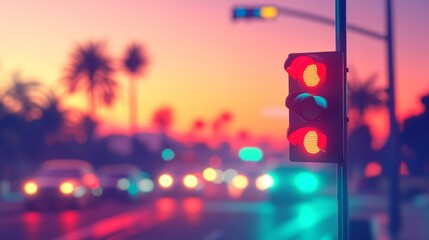 Aufkleber - Red Traffic Light at Sunset with Blurred Cityscape in Background