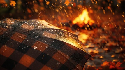 Poster - Rainy autumn evening with campfire and umbrella.