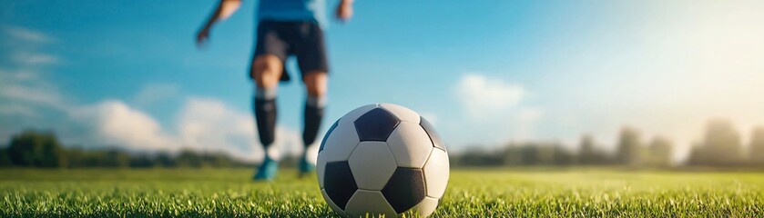 Summer Sports Tournament. A soccer player prepares to kick a ball on a sunny field.