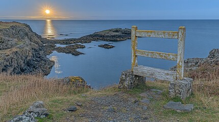 Poster - Serene coastal sunset view with weathered bench.