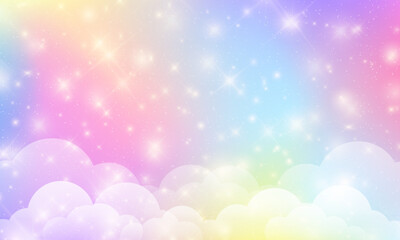 vector illustration of pastel pink rainbow unicorn background, kawaii holographic abstract space or 
