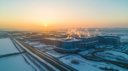 Poster - Aerial view of industrial complex at sunrise in winter.