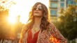 © indyntk - Transgender individual with confident pose in colorful modern outfit, standing against vibrant urban background, celebrating authenticity and pride under golden sunlight
