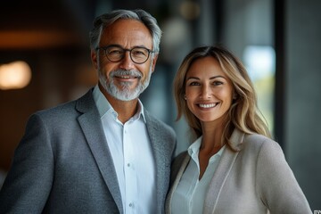 Wall Mural - Happy confident professional mature business man and business woman corporate leaders managers standing in office, two diverse colleagues executives team posing together, Generative AI