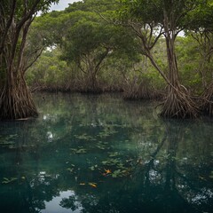 A tropical lake with a mangrove forest lining its edges, featuring vibrant birds perched in the canopy.