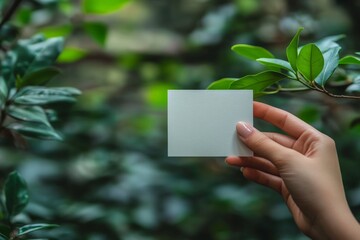 Wall Mural - Hand holds blank card surrounded by lush green foliage in a serene natural setting