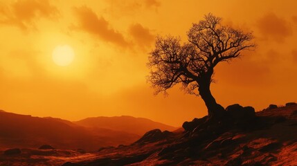 Canvas Print - Lone tree silhouette at sunset over rocky landscape.