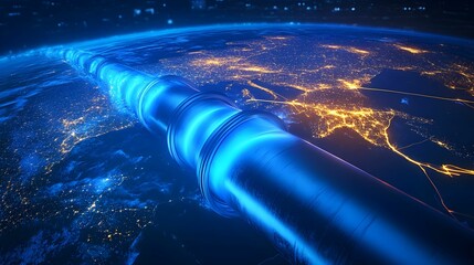 Innovative energy conduit connecting continents in a futuristic landscape