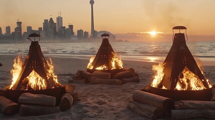 Canvas Print - Three burning teepees on a beach at sunset with a city skyline in the background.