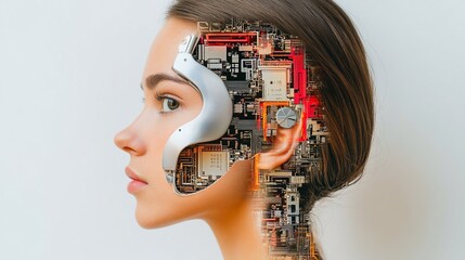 Poster - Woman's face with visible circuitry, representing AI and technology.